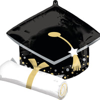 25" BLACK GRAD CAP and WHITE DIPLOMA  JUMBO FOIL BALLOON