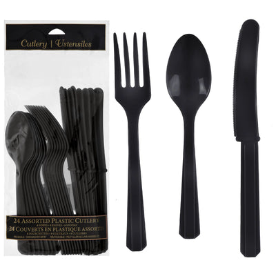 Jet Black Assorted Plastic Cutlery 24 ct.