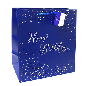 Blue Silver Script HBD Gift Bag