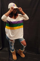 Off Shoulder White Jersey Top with Purple, Green and Gold Stripes