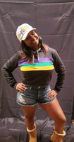 Black Crop Pullover Hoodie with Purple, Green and Gold Stripes