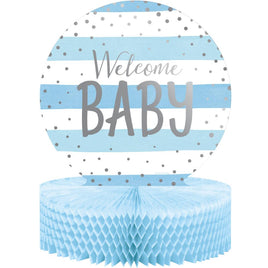 "WELCOME BABY" BLUE AND SILVER CELEBRATION CENTERPIECE 1CT