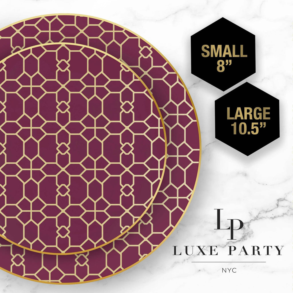 Round Cranberry, Gold Pattern Plastic Plates | 10 Pack